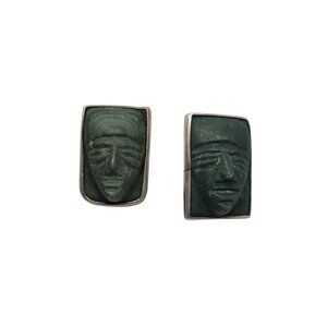 Vintage Mexico Silver Green Onyx Tribal Face Earrings 10.23g
